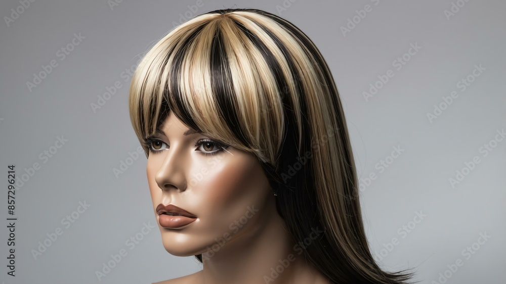 black with blonde highlights long hair wig in a manneq background black with blonde highlights long hair wig in a manneq background
