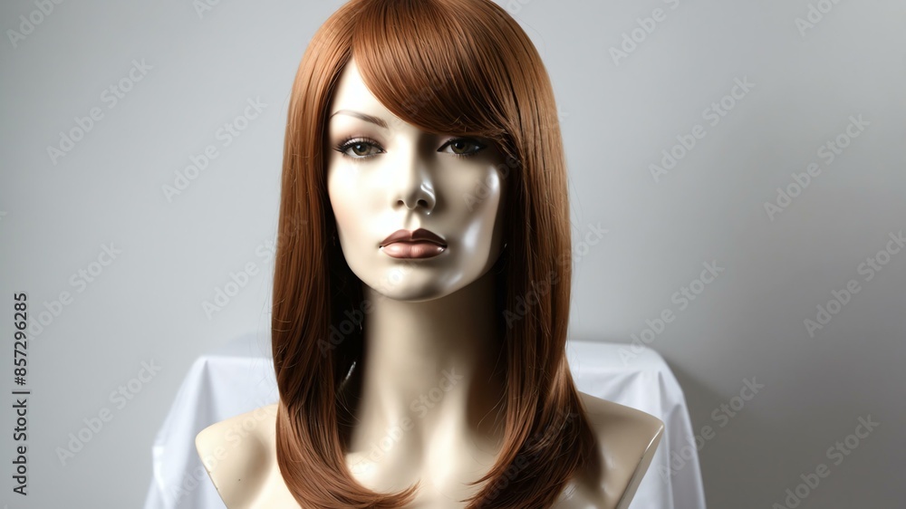 auburn long hair wig in a mannequin head in white back background auburn long hair wig in a mannequin head in white back background