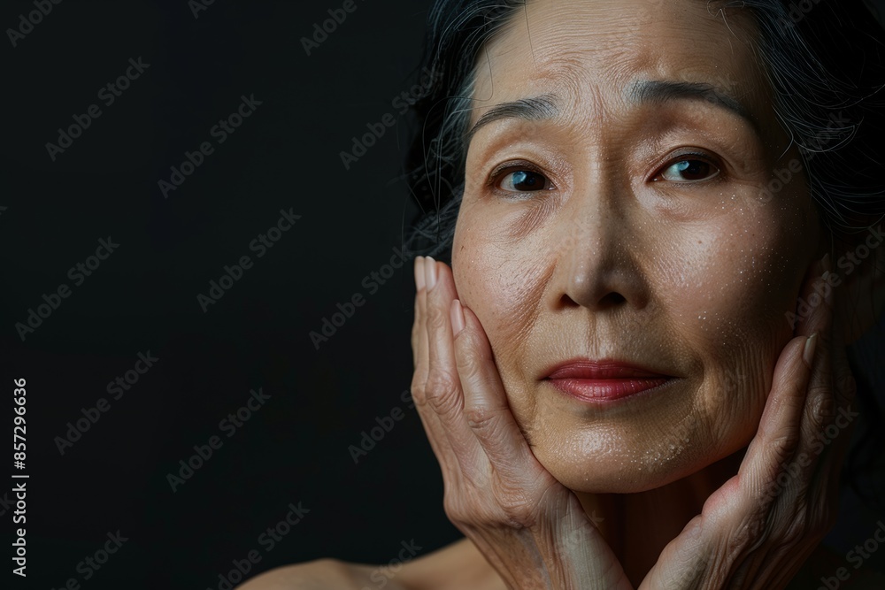 Capture the essence of timeless beauty with studio isolate shots focusing on mature Asian women's facial care routines. Capture the essence of timeless beauty with studio isolate shots focusing on mature Asian women's facial care routines.