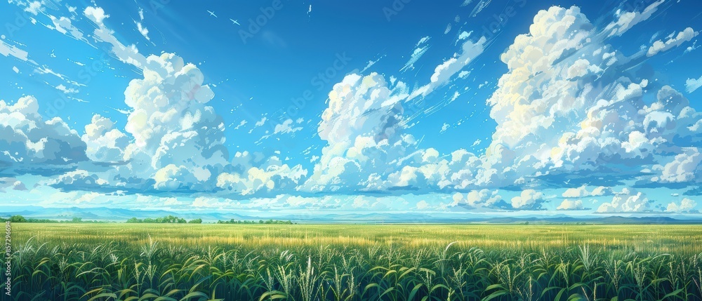 Fototapeta premium Expansive cornfield under a bright blue sky