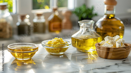 Cooking fats and oils variety shot, featuring ghee, vegetable oil, and butter in small dishes, placed on a marble kitchen counter, with natural light emphasizing their unique properties.