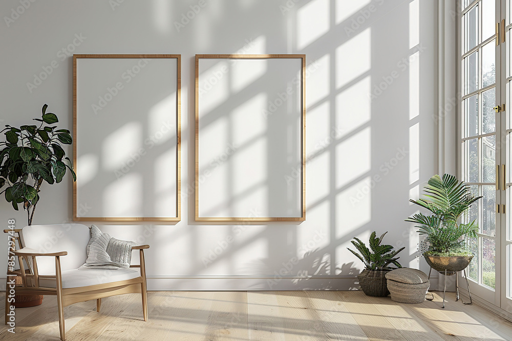 Two blank picture frames mockup on white wall of living room with cozy wooden armchair, window and green plants Two blank picture frames mockup on white wall of living room with cozy wooden armchair, window and green plants