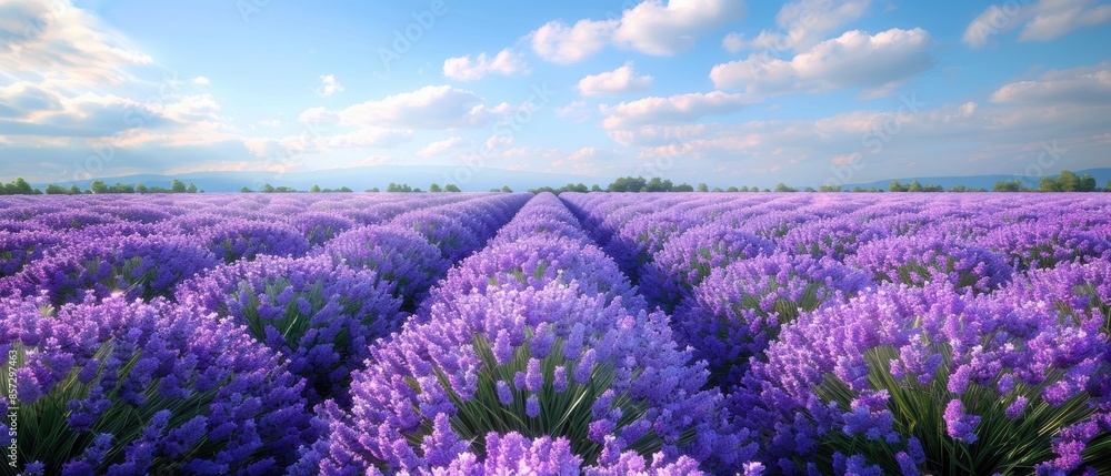 Obraz premium Expansive lavender field in full bloom, with rows of purple flowers stretching to the horizon under a clear blue sky