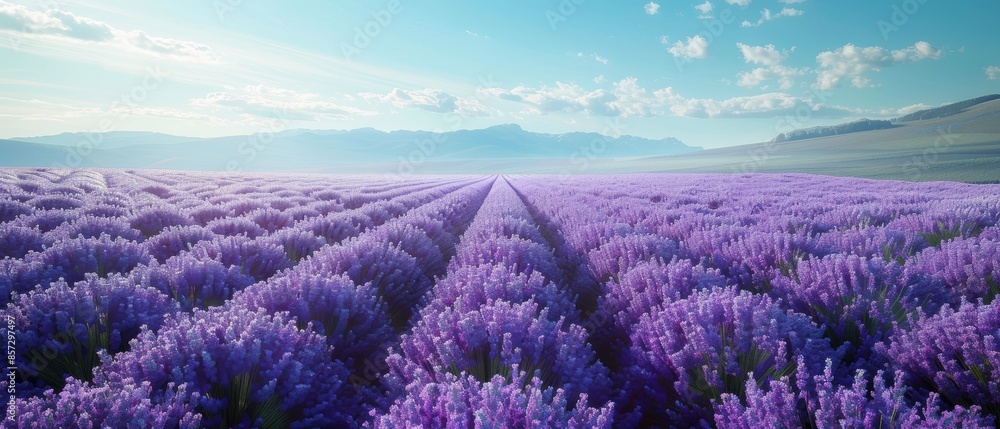 Obraz premium Expansive lavender field in full bloom, with rows of purple flowers stretching to the horizon under a clear blue sky
