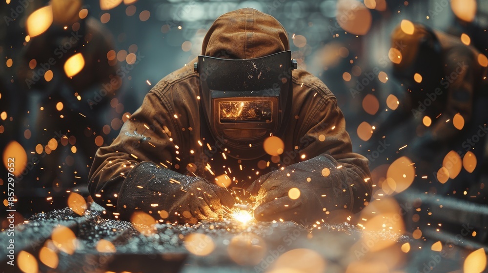 The image captures a skilled welder in a workshop setting, focusing intently on his work with orange sparks flying around, conveying a sense of dedication and craftsmanship. The image captures a skilled welder in a workshop setting, focusing intently on his work with orange sparks flying around, conveying a sense of dedication and craftsmanship.