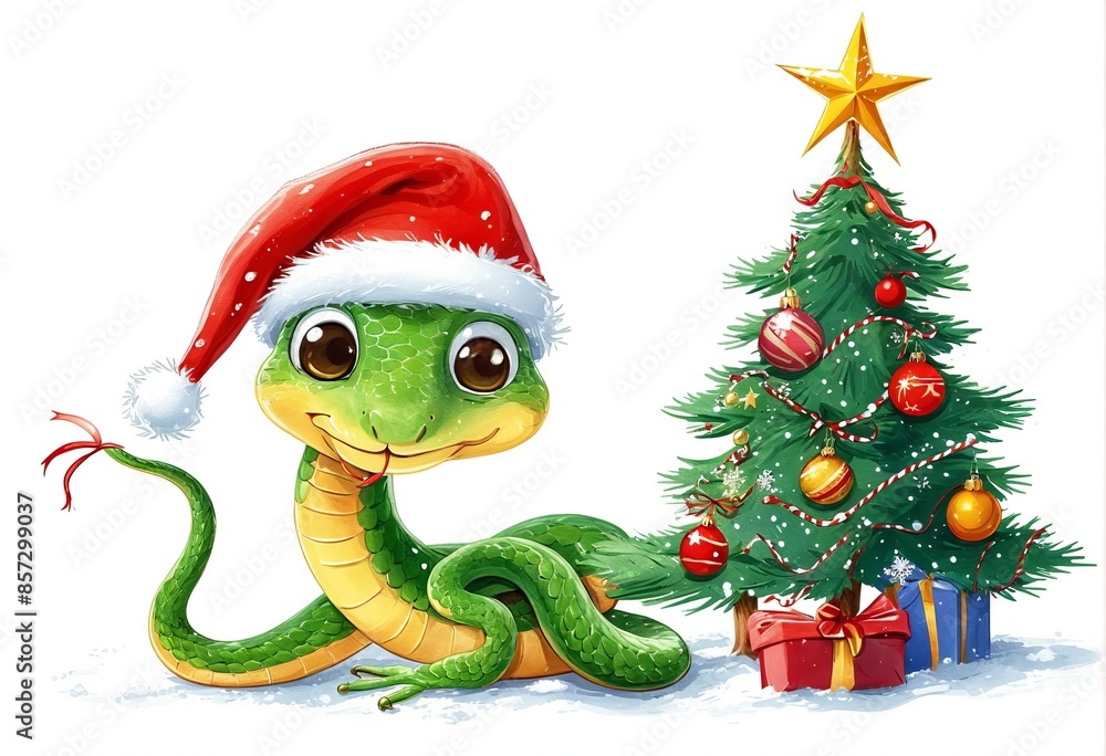 Quirky artwork of a small green snake in a festive Santa hat beside a decorated Christmas tree. Quirky artwork of a small green snake in a festive Santa hat beside a decorated Christmas tree.