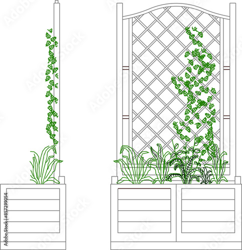 Vector silhouette illustration sketch of detailed Flower Beds And Fences design for the garden with classic vintage details
