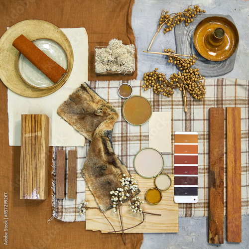 autumn color palette mood board for interior design and decoration photo