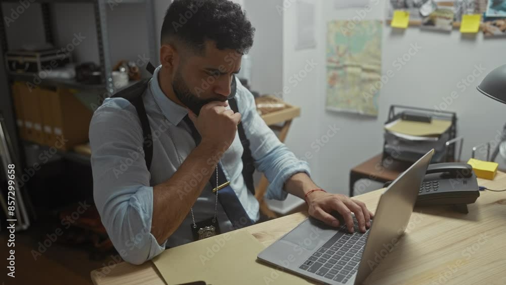 A thoughtful man with a beard works at a laptop in a dimly lit detective's office, exuding a sense of focus and investigation. A thoughtful man with a beard works at a laptop in a dimly lit detective's office, exuding a sense of focus and investigation.