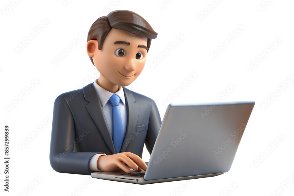 3d young business man working with laptop on transparent background 3d young business man working with laptop on transparent background