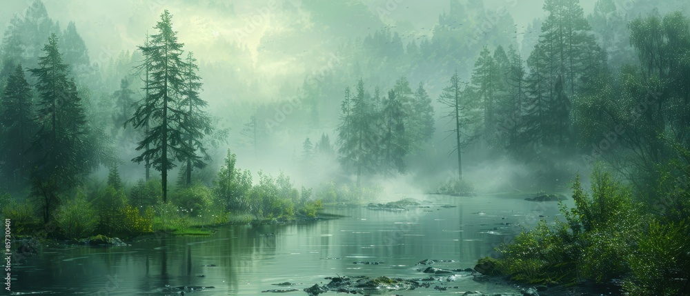 Foggy forest with a serene river running through it Foggy forest with a serene river running through it