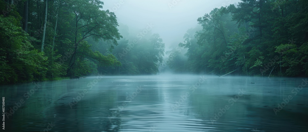 Foggy forest with a serene river running through it Foggy forest with a serene river running through it