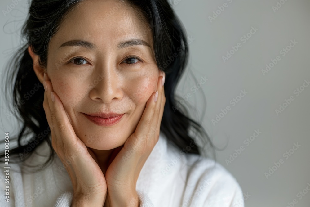 Embrace self-love and care with studio isolate shots capturing mature Asian women's facial care routines. Embrace self-love and care with studio isolate shots capturing mature Asian women's facial care routines.