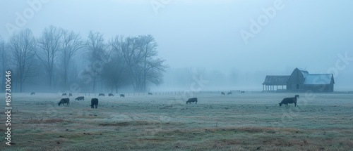 Foggy meadow with grazing animals and a distant barn © Starkreal