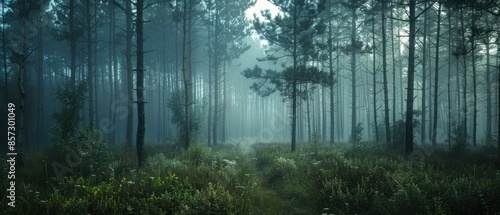 Foggy morning in a dense forest with tall trees photo