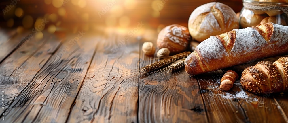 Freshly baked bread and pastries on a wooden table, ideal for bakery and culinary blogs Freshly baked bread and pastries on a wooden table, ideal for bakery and culinary blogs