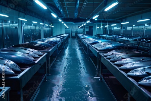 Experience the cold precision of a tuna freezing room, where every aspect is tailored to maintain seafood quality.