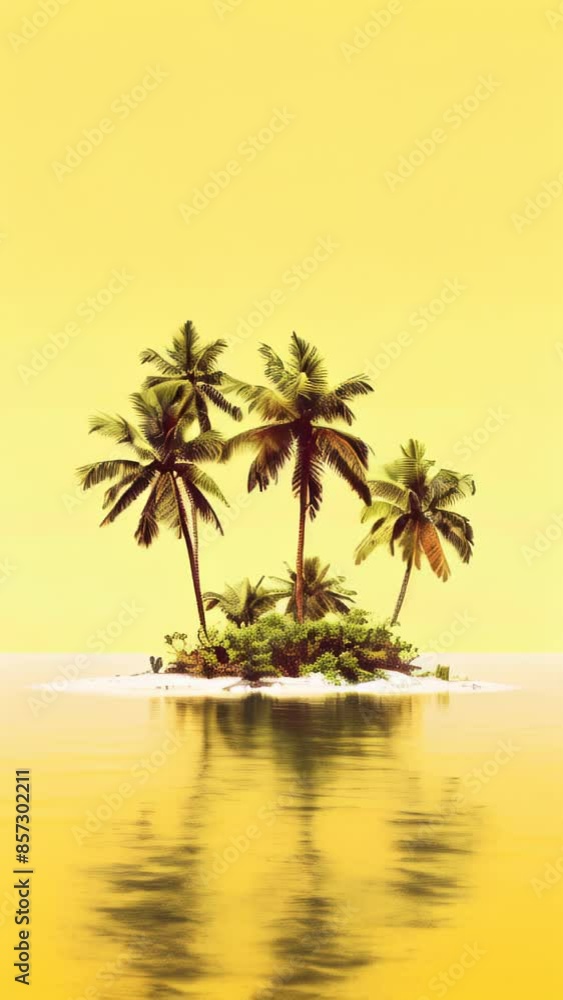 tropical island flat illustration with palm trees and sun reflection on water, copyspace for text , on yellow solid background, family resort, travel, tourism and beach vacation tropical island flat illustration with palm trees and sun reflection on water, copyspace for text , on yellow solid background, family resort, travel, tourism and beach vacation