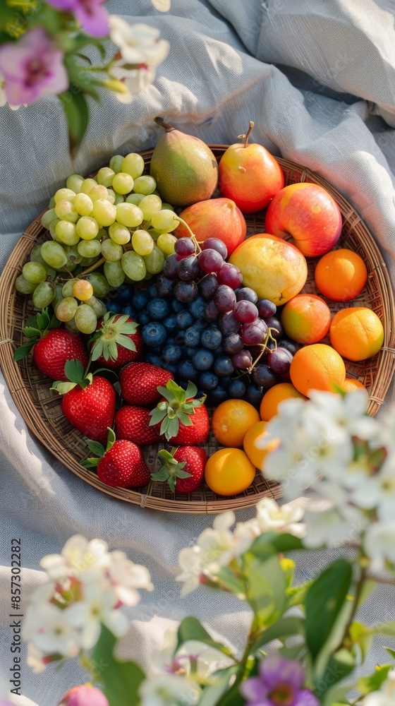 A colorful summer fruit platter on a picnic blanket A colorful summer fruit platter on a picnic blanket