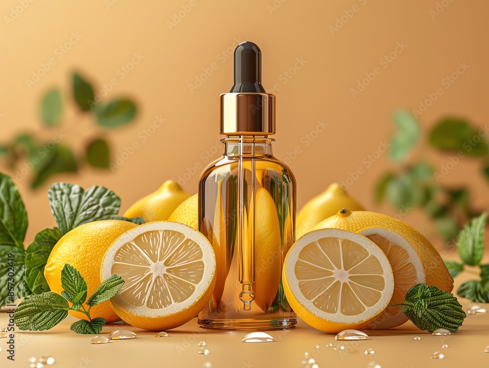 Dropper bottle with lemon slices and mint, fresh and vibrant Dropper bottle with lemon slices and mint, fresh and vibrant