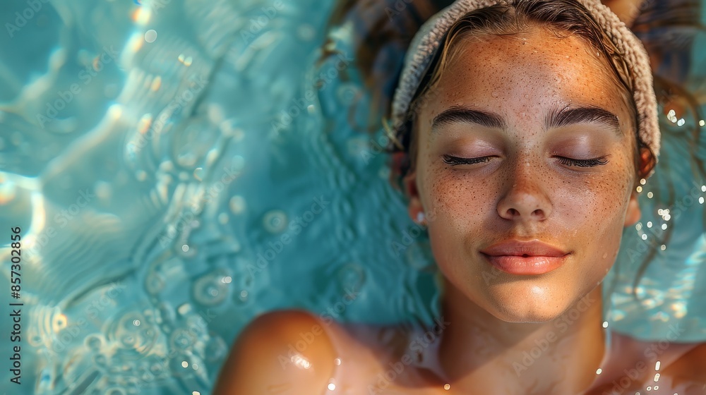 A woman with closed eyes and a content smile, floating in a refreshing pool, with natural light creating a serene, reflective and peaceful atmosphere. A woman with closed eyes and a content smile, floating in a refreshing pool, with natural light creating a serene, reflective and peaceful atmosphere.
