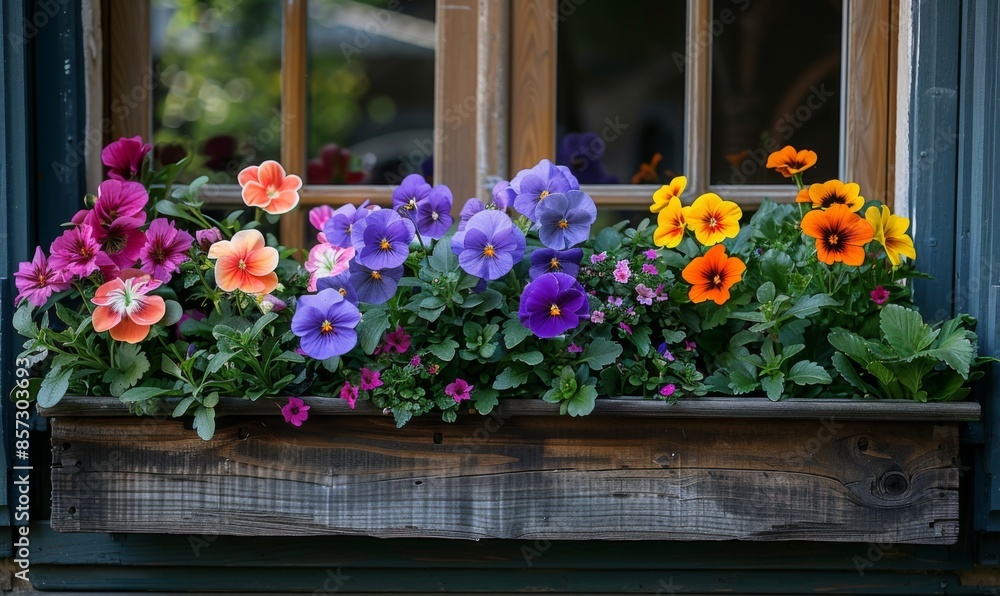 Colorful blooms in a window box Colorful blooms in a window box