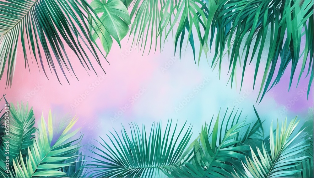 Vivid palm leaves against a delicate pastel setting, capturing a tropical essence. Vivid palm leaves against a delicate pastel setting, capturing a tropical essence.