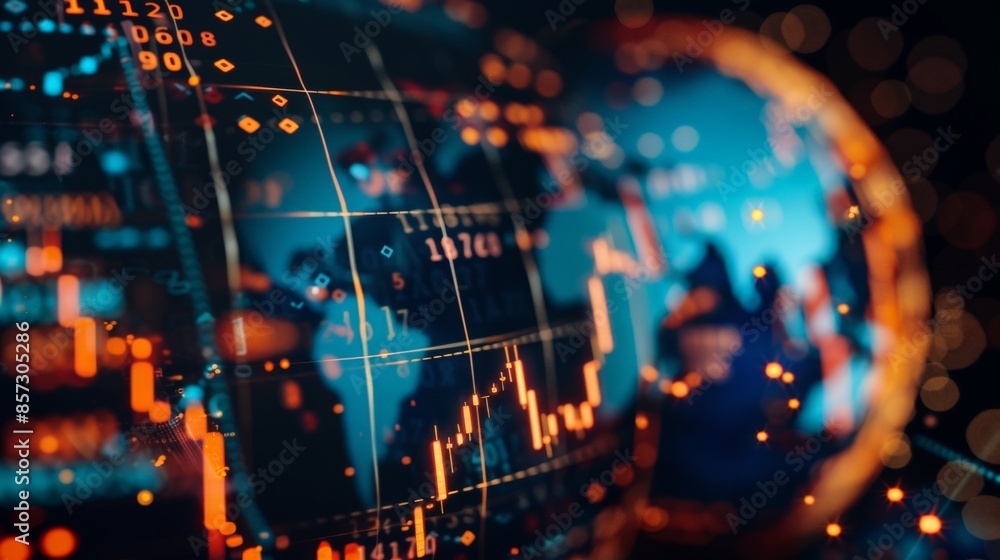 A close-up of a globe with currency symbols and economic growth lines A close-up of a globe with currency symbols and economic growth lines