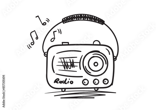 hand drawn nostalgic radio. scribble brown old radio. old radio and music note