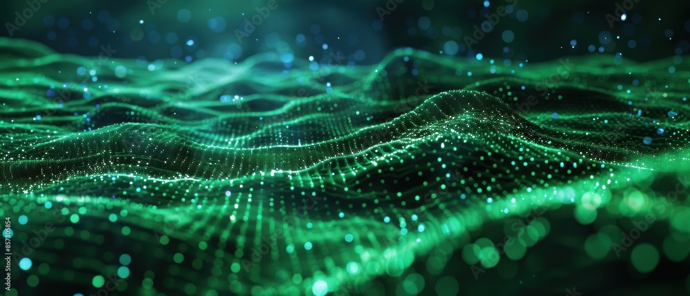 Futuristic green digital landscape, holographic data streams and interface elements, dark background, copy space Futuristic green digital landscape, holographic data streams and interface elements, dark background, copy space
