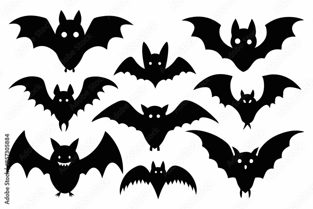 Halloween bat set. Black silhouette Halloween bat vector illustration, set of halloween bats Halloween bat set. Black silhouette Halloween bat vector illustration, set of halloween bats
