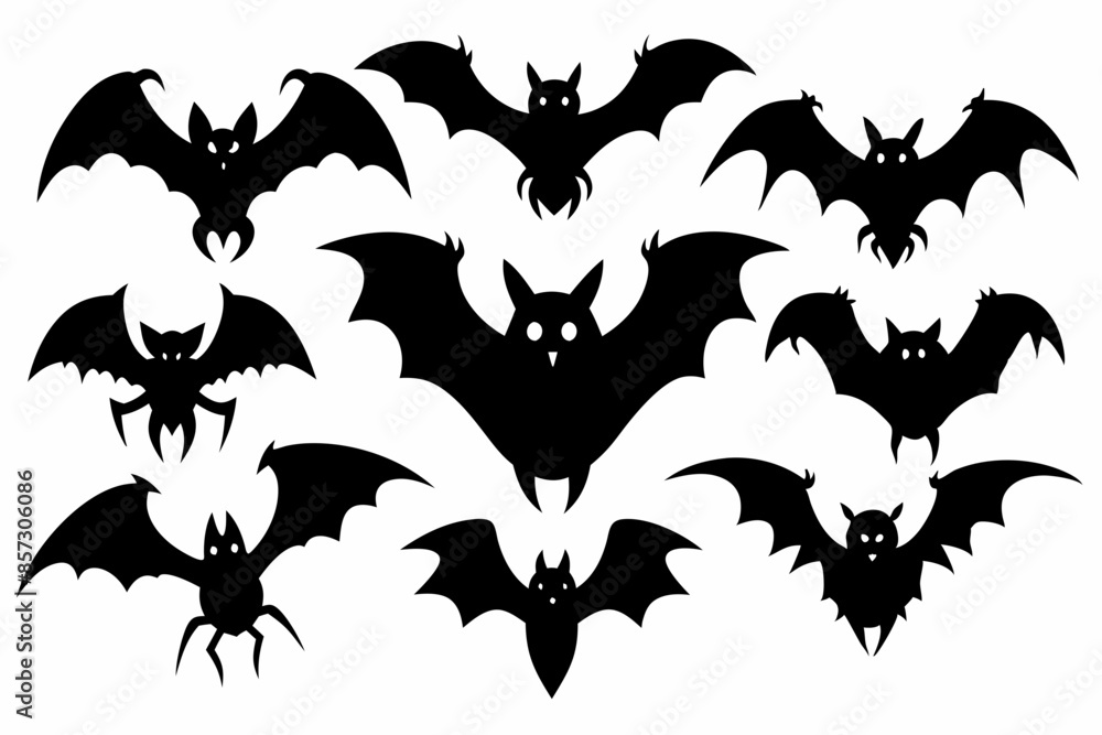 Halloween bat set. Black silhouette Halloween bat vector illustration, set of halloween bats Halloween bat set. Black silhouette Halloween bat vector illustration, set of halloween bats