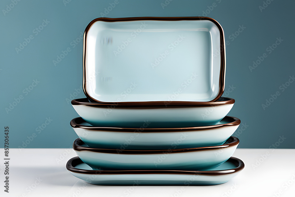 The image features a set of four light blue ceramic dishes arranged on a plain surface. The dishes vary in shape and size, including two rectangular trays, one small square dish, and a round bowl. The image features a set of four light blue ceramic dishes arranged on a plain surface. The dishes vary in shape and size, including two rectangular trays, one small square dish, and a round bowl.