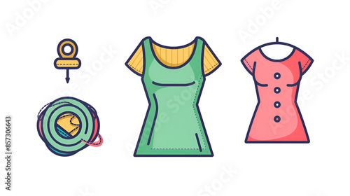 Set Sewing Pattern, Sleeveless T-shirt, Safety pin and thread icon, Generative AI