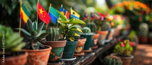 Garden display of diverse potted plants with country flags