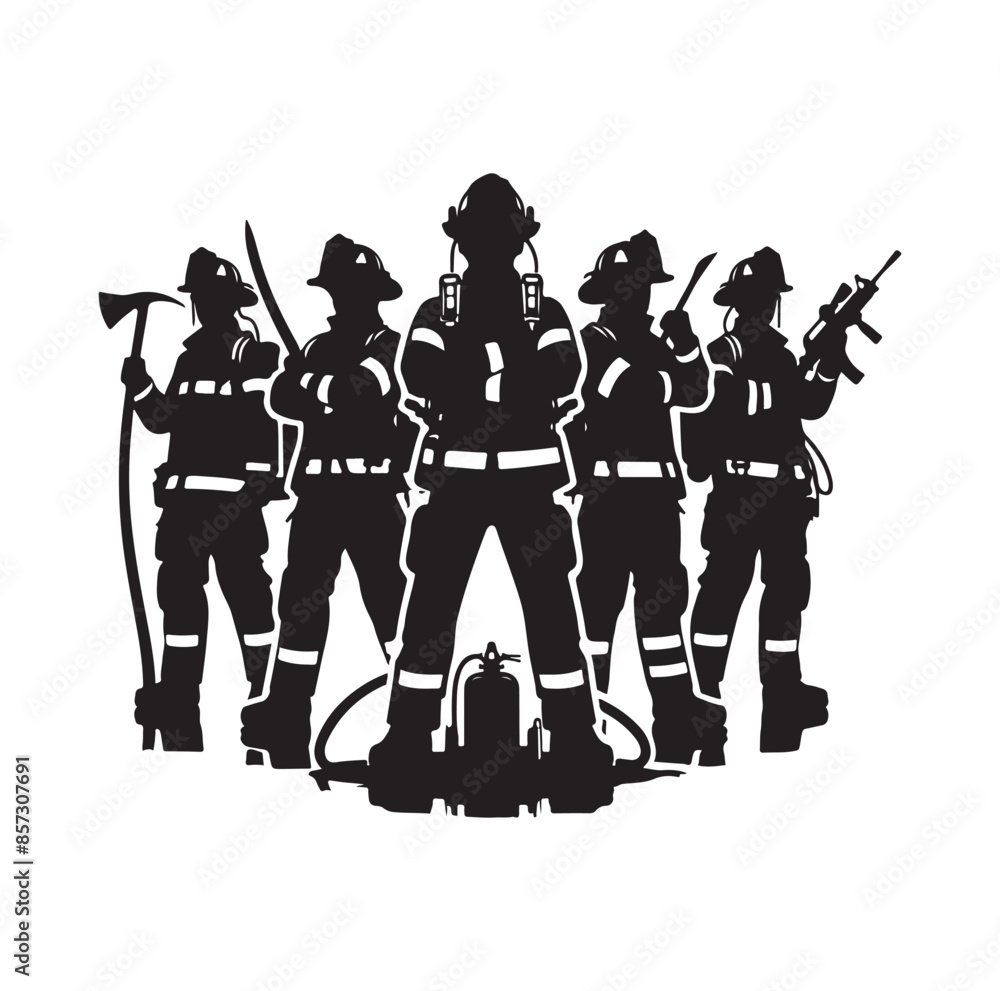 Firefighters pose vector silhouette illustration Firefighters pose vector silhouette illustration