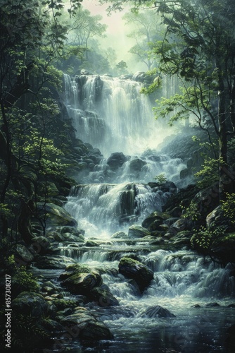 Magnificent cascading waterfalls in vibrant landscapes, showcasing the untamed beauty of nature and the tranquil force of flowing water.