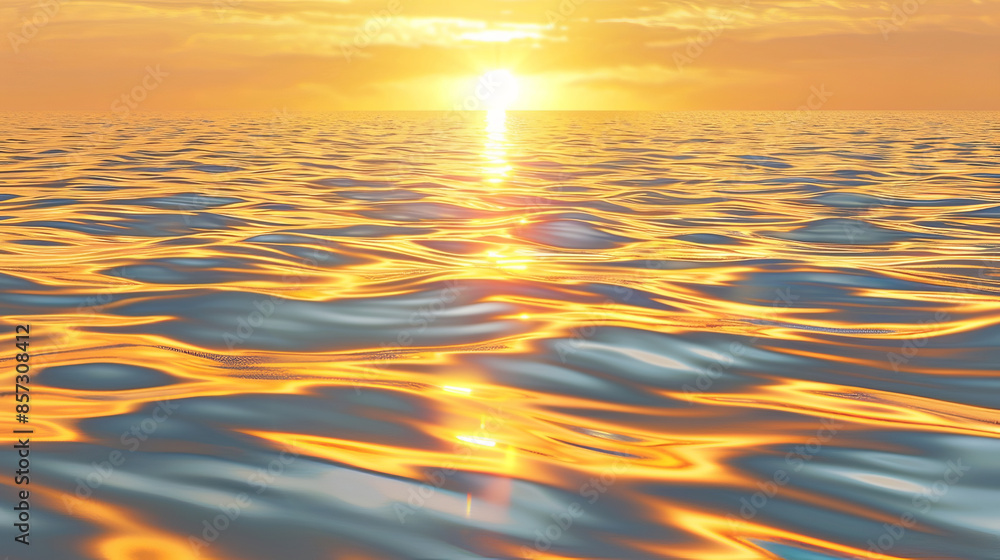 sun is setting over ocean, casting warm glow on water. Beautiful sunset and sea.