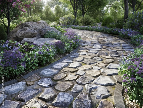 A stone textured path winds through a serene garden, creating a rustic and natural ambiance that enhances the beauty of outdoor scenery.