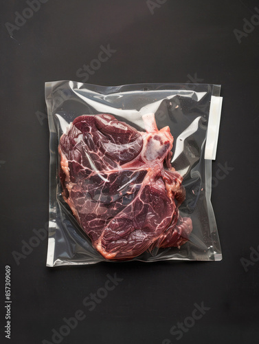 Fresh raw meat sealed in a plastic vacuum bag photo