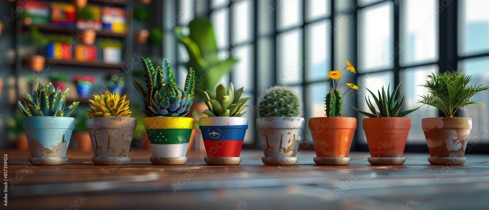 Global diversity concept with plants in pots with national flags Global diversity concept with plants in pots with national flags