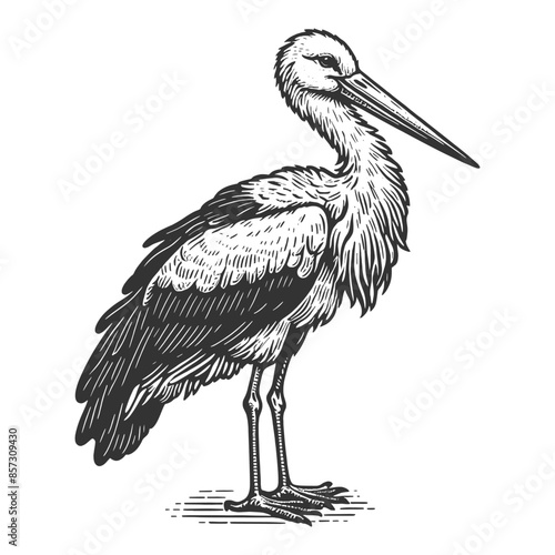 stork bird with its wings partially spread, showcasing detailed feathers and graceful posture sketch engraving generative ai vector illustration. Scratch board imitation. Black and white image.