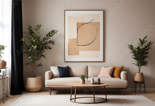 Modern interior design of living room with sofa, table and creative wall art AI Generated