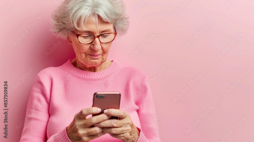 Senior lady with gray hair video calling, modern elderly lifestyle on pastel background Senior lady with gray hair video calling, modern elderly lifestyle on pastel background