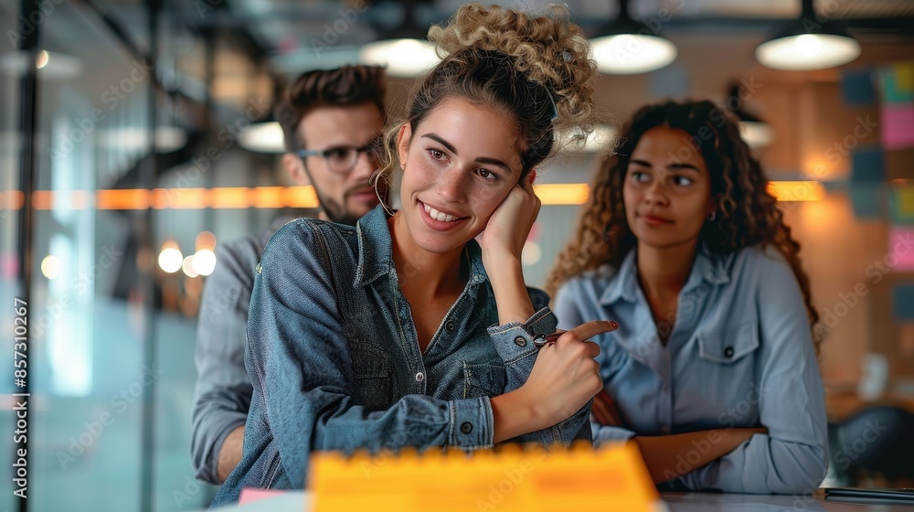 A vibrant office setting showing a young woman leading a discussion with two colleagues, emphasizing teamwork and creativity while sharing ideas around a table with bright lighting. A vibrant office setting showing a young woman leading a discussion with two colleagues, emphasizing teamwork and creativity while sharing ideas around a table with bright lighting.