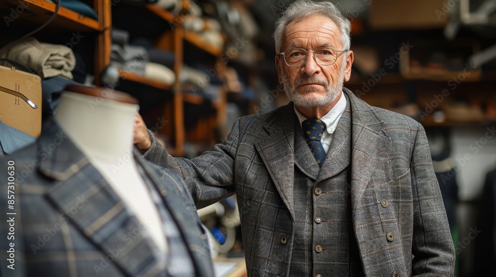 An elderly tailor with glasses stands beside a mannequin wearing a plaid suit in a well-organized and stylish suit shop with various fabrics and clothing items on display. An elderly tailor with glasses stands beside a mannequin wearing a plaid suit in a well-organized and stylish suit shop with various fabrics and clothing items on display.