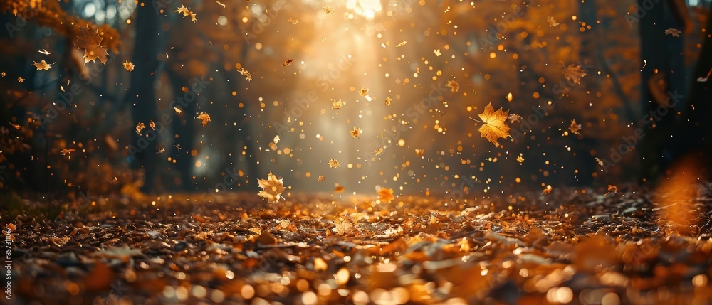 Golden autumn leaves falling from trees, Golden autumn leaves falling from trees,