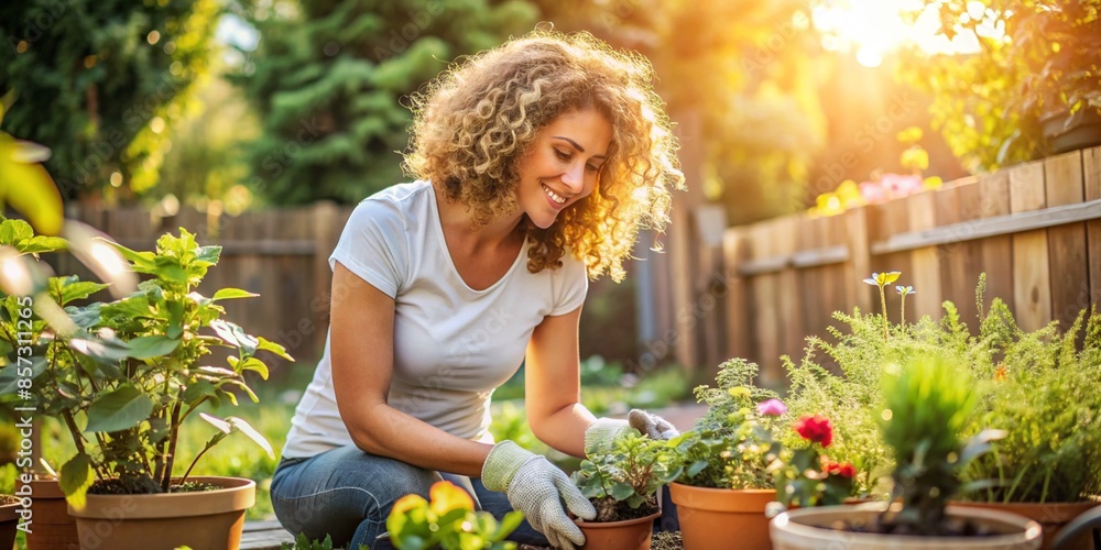 Woman gardening with a smile in a sunny backyard Woman gardening with a smile in a sunny backyard