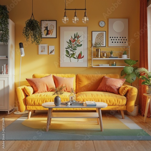 Modern Living room with Sofa With Window | Interior with Bright Yellow Sofa Set | Minimalist Living Room	