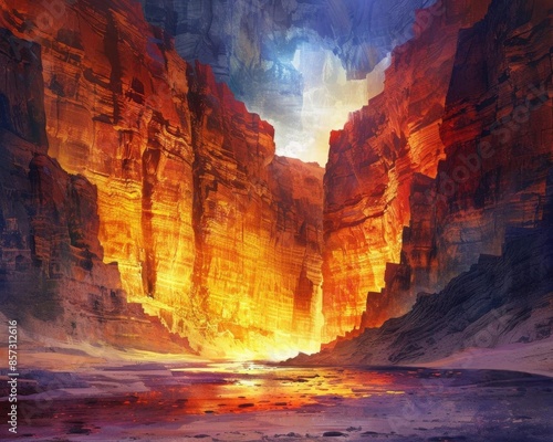 Sunlight illuminating sandstone canyons, deep crevices, dramatic light and shadow, wide shot, vibrant colors